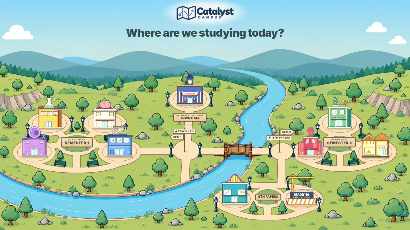 The Catalyst Campus map: an illustrated river valley with a building for each paper