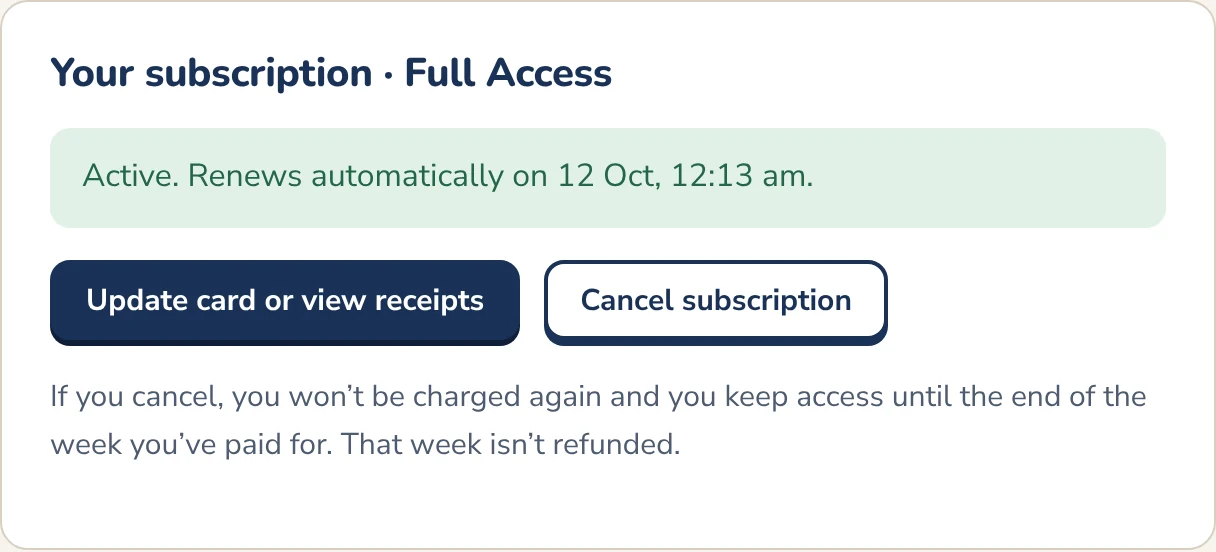 The subscription box on the account page, showing the renewal date and a Cancel subscription button
