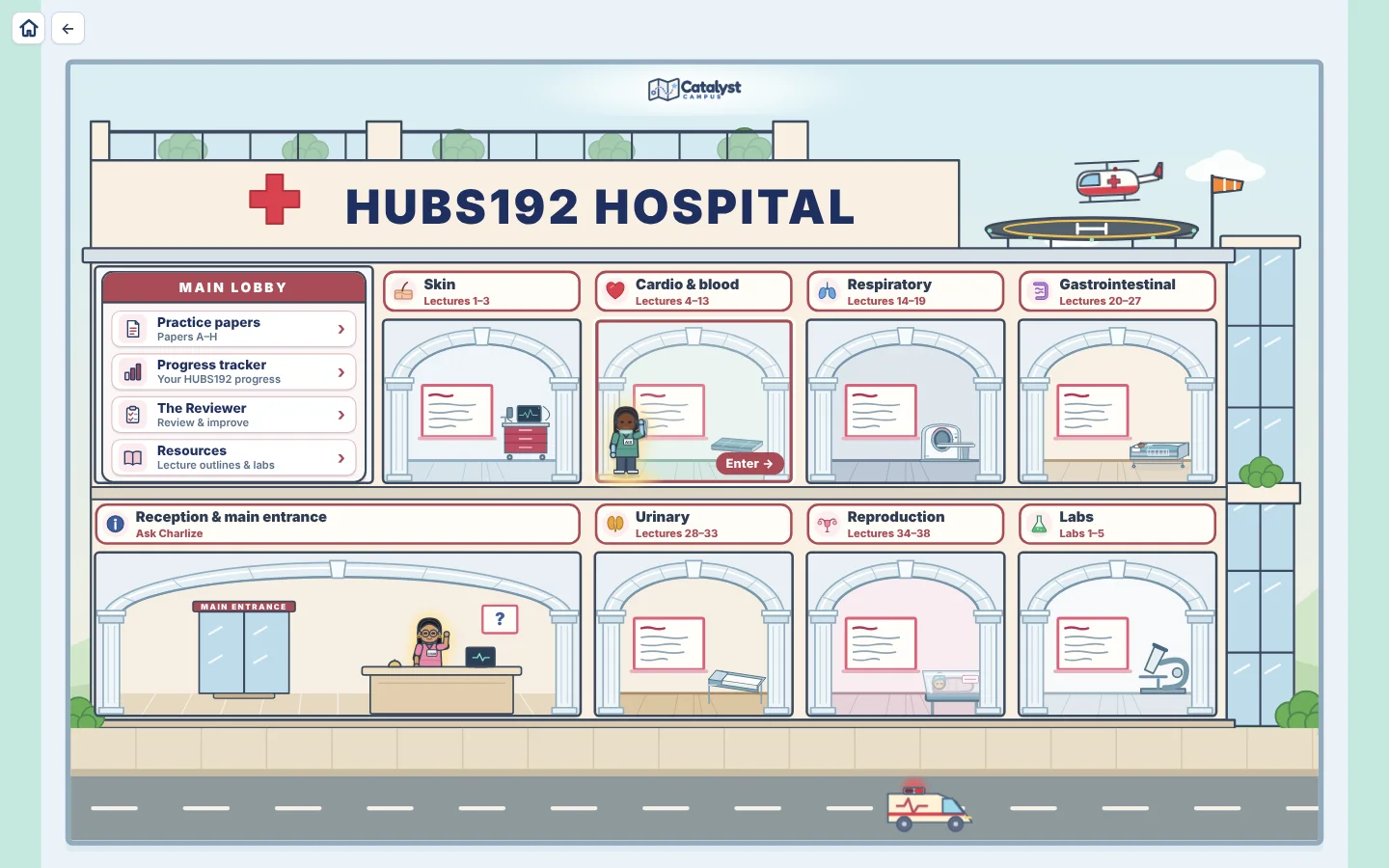 Inside the HUBS192 hospital: rooms for each body system with lecture whiteboards