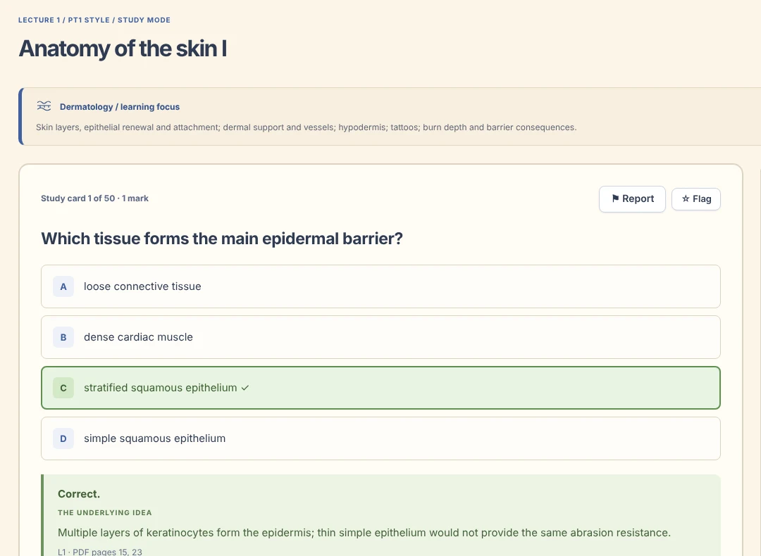 A practice question with the answer checked and an explanation shown